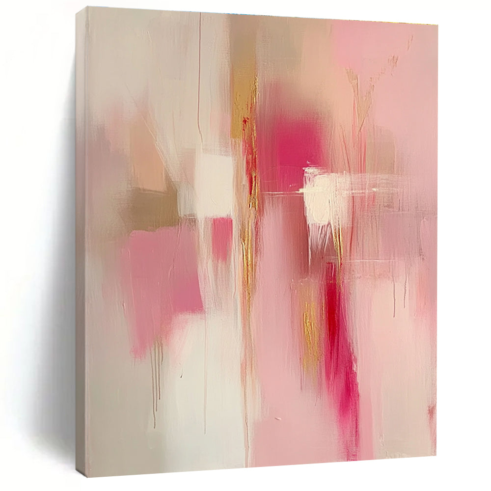 Large abstract painting in pink and gold tones featuring soft edges blurred details and emotional depth creating a serene romantic atmosphere.STSC784