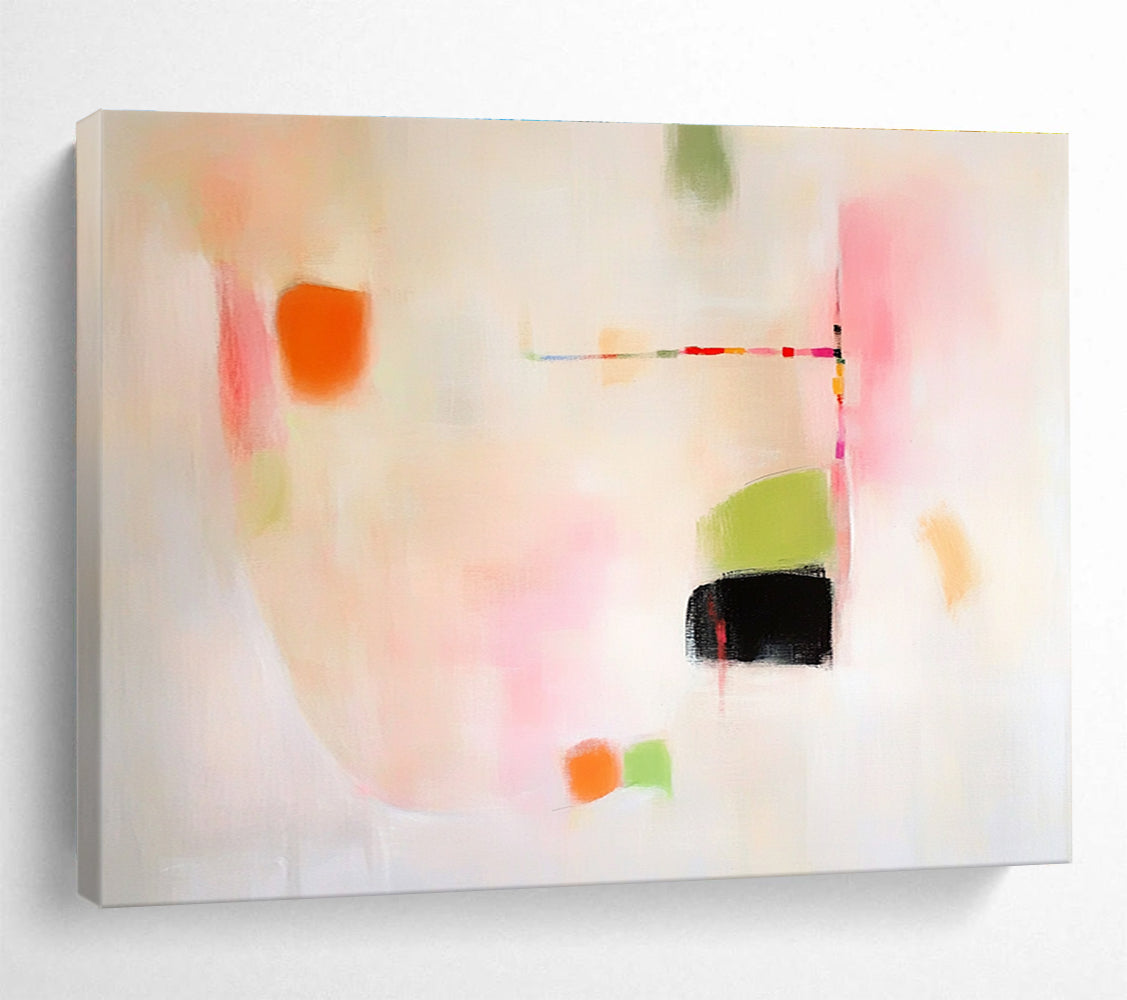 Large abstract painting featuring pink green and orange shapes on white background evoking calmness with gentle curves and contrasting black spaces.SC379