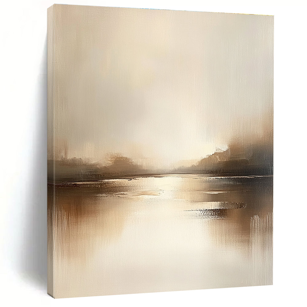 Large abstract painting featuring a serene lake in muted tones of beige and gray with soft edges and minimalist style, evoking tranquility and calmness.STSC091