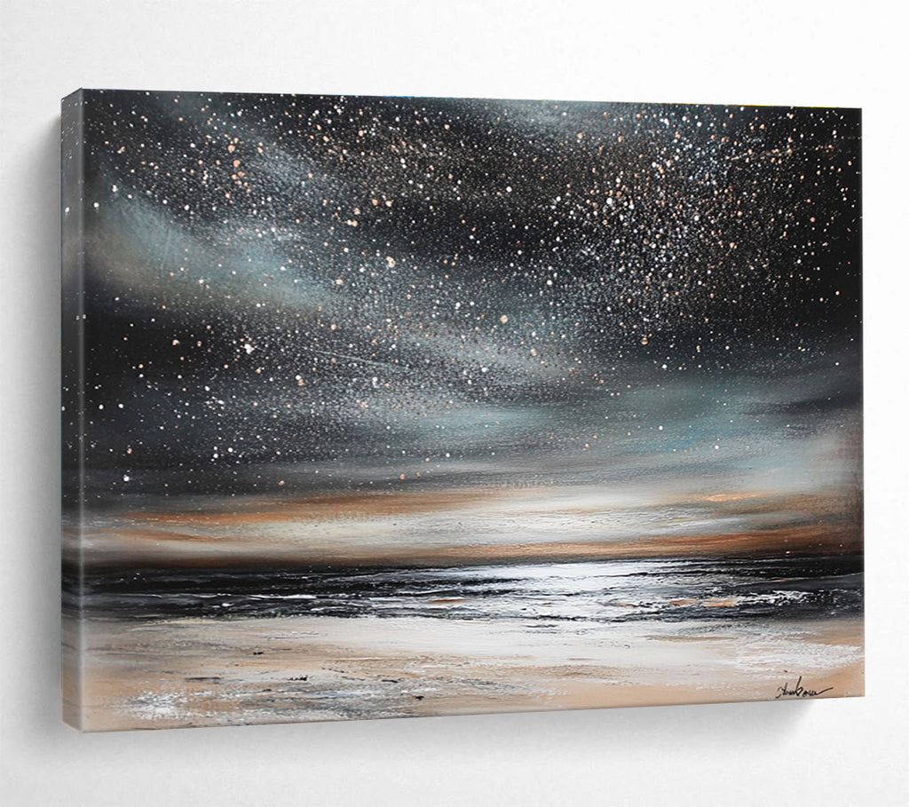 Starry Night Beach Abstract Painting with Dark and Shimmering Tones DYP120