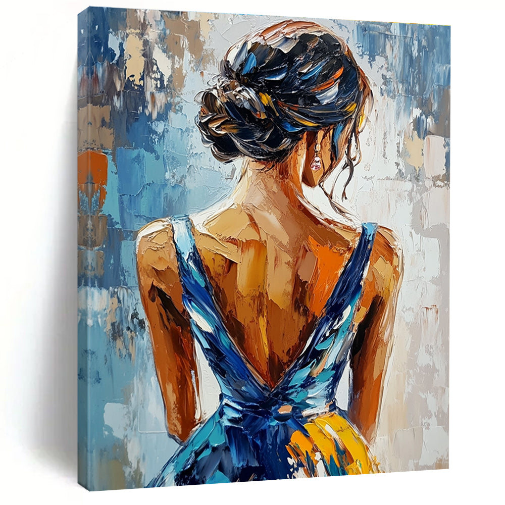 An abstract painting featuring an elegant woman in a blue and yellow dress seen from behind with vibrant impasto brushstrokes.STSC863