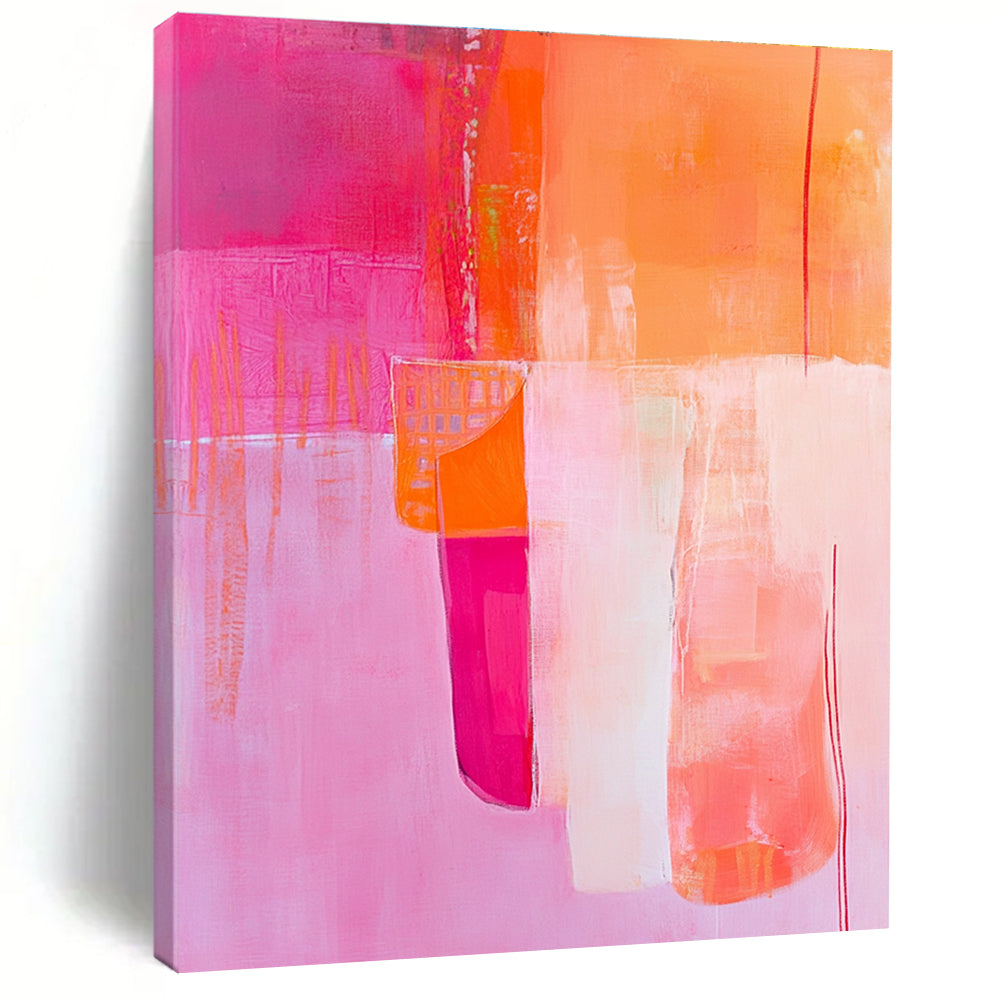 Large abstract painting featuring pink and orange tones with a textured background and playful paper cutout in the foreground.STSC785