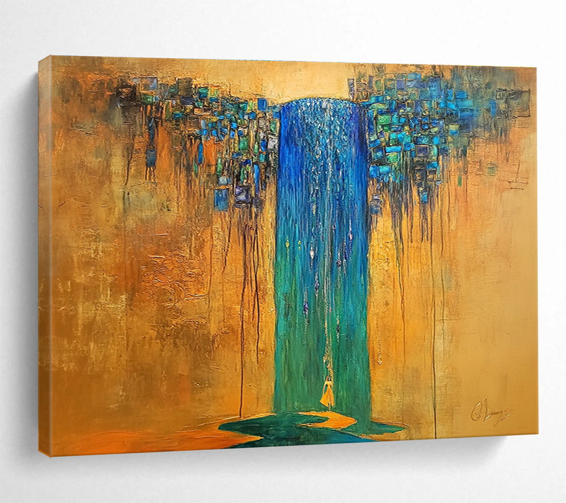 A large abstract painting featuring an ancient waterfall in blue and green hues with a crystal-haired figure under gold sunlight.SC334