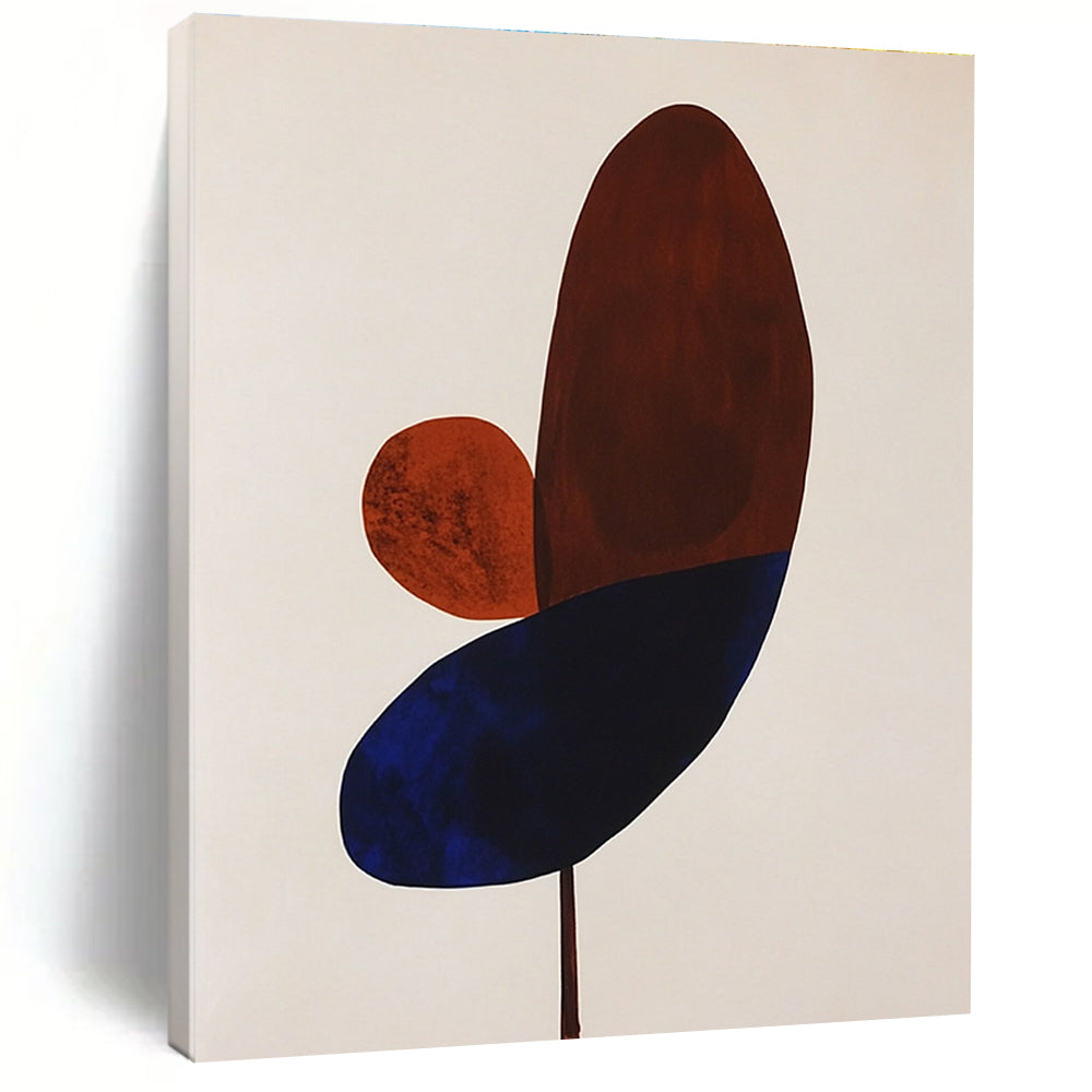 Large abstract painting featuring simple brown and blue petals on a white background perfect for modern decor.STSC1059