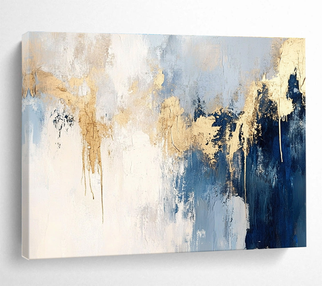 Blue and Gold Abstract Painting with Dripping Details DYP182