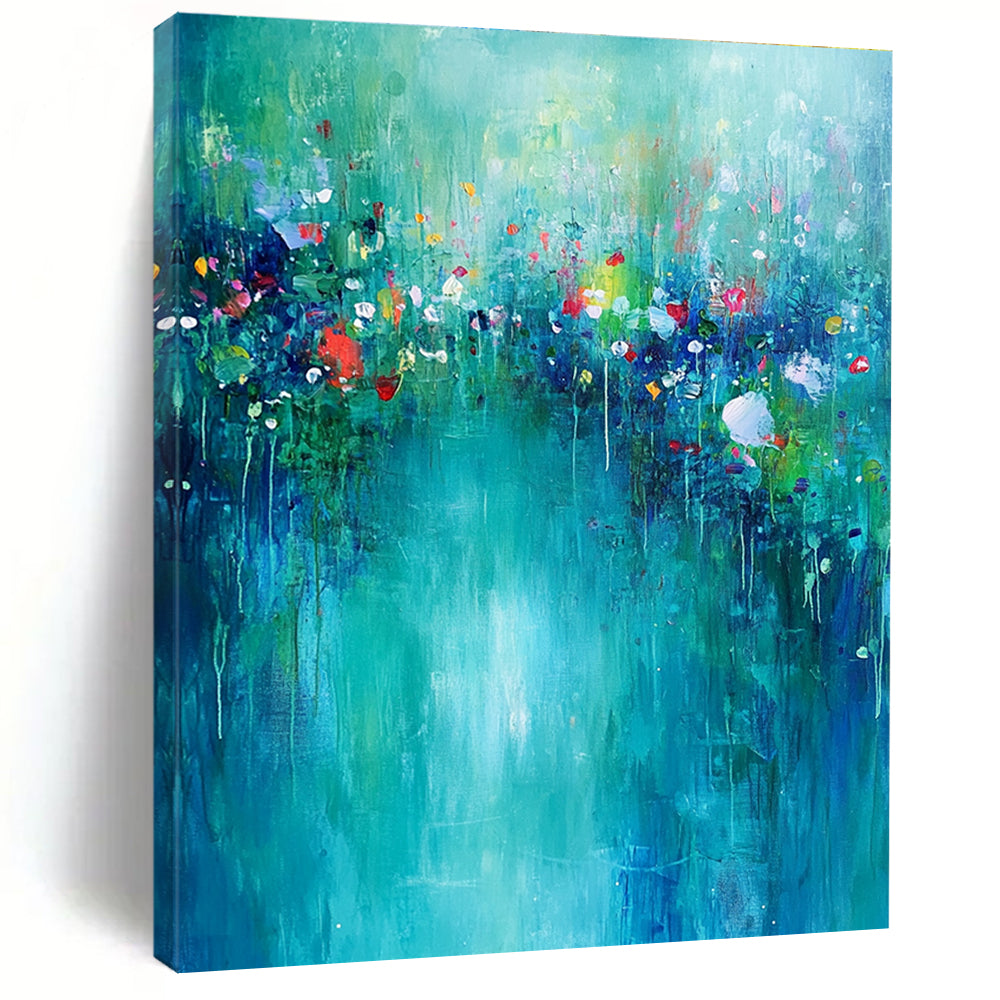 Large abstract painting of an underwater garden featuring vibrant greens and blues with small flowers on a soft turquoise background, evoking calm and tranquility.STSC274