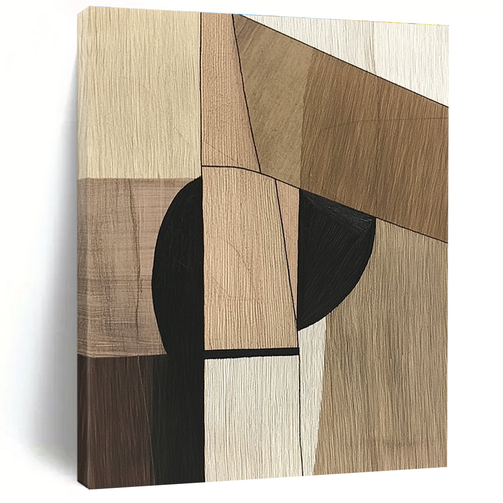 A large abstract painting in Picasso style with wooden textures and a vertical black line on a neutral wood background, symbolizing simplicity and modernity.STSC541