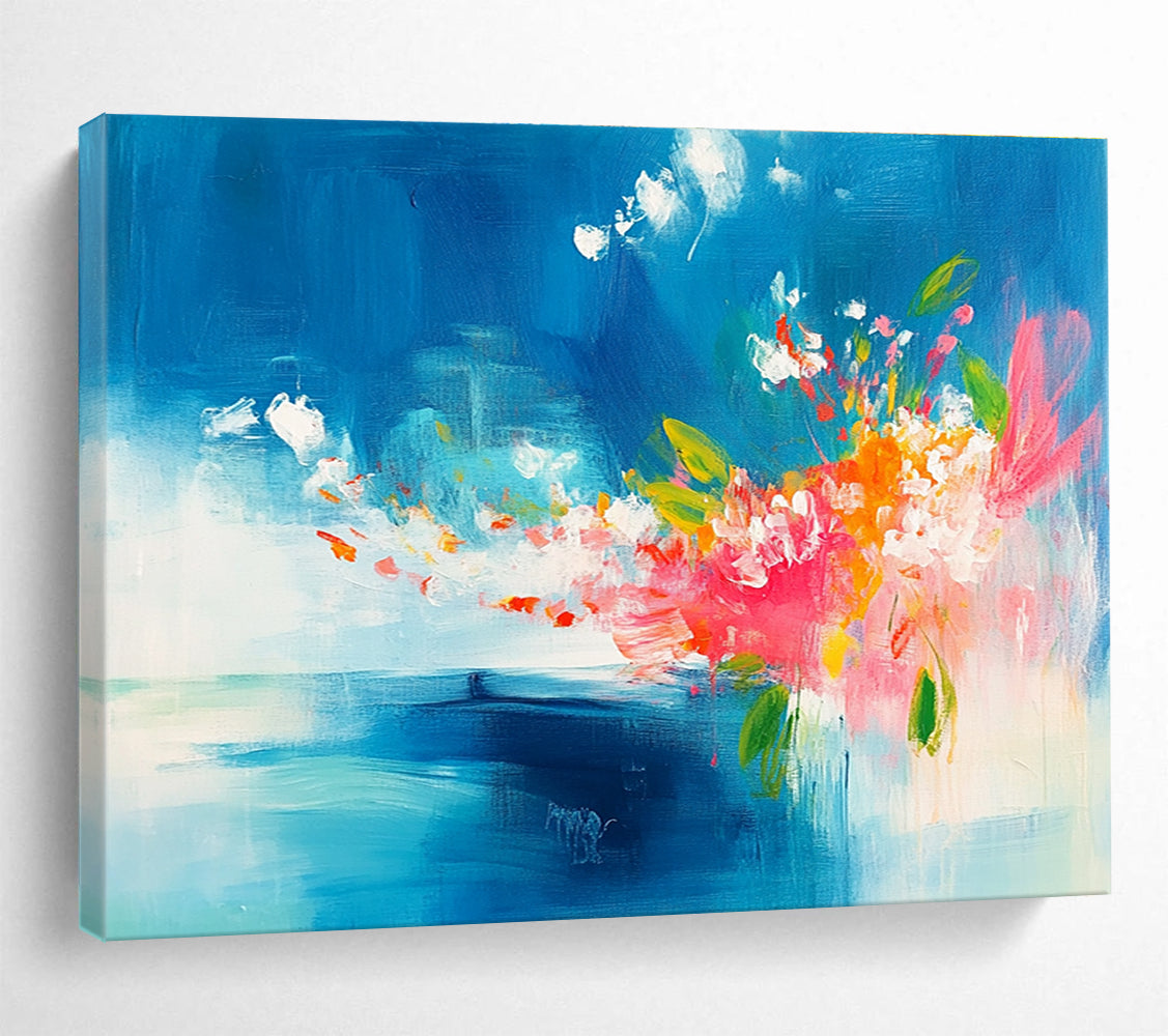 Blue and Pink Abstract Painting with Floral Burst DYP394