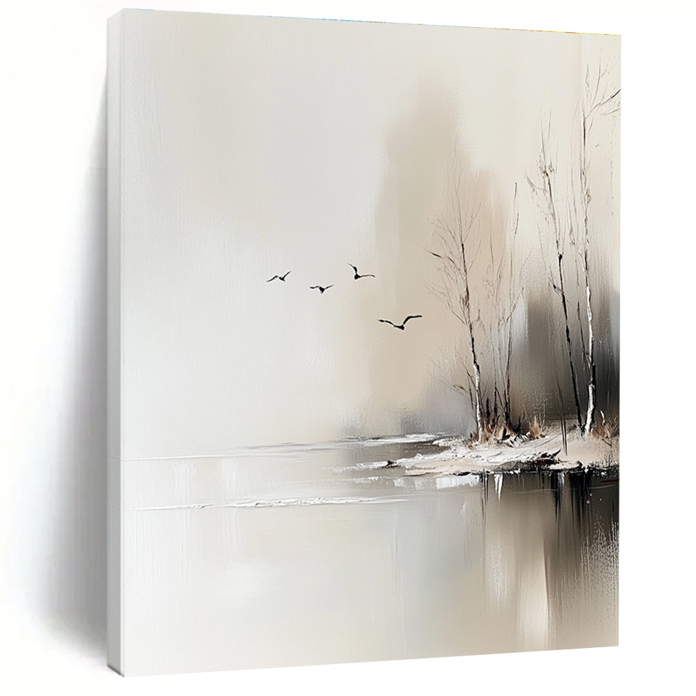 Large abstract painting depicting trees by an icy lake with flying birds, featuring neutral colors and delicate textures in a serene minimalist style.STSC105