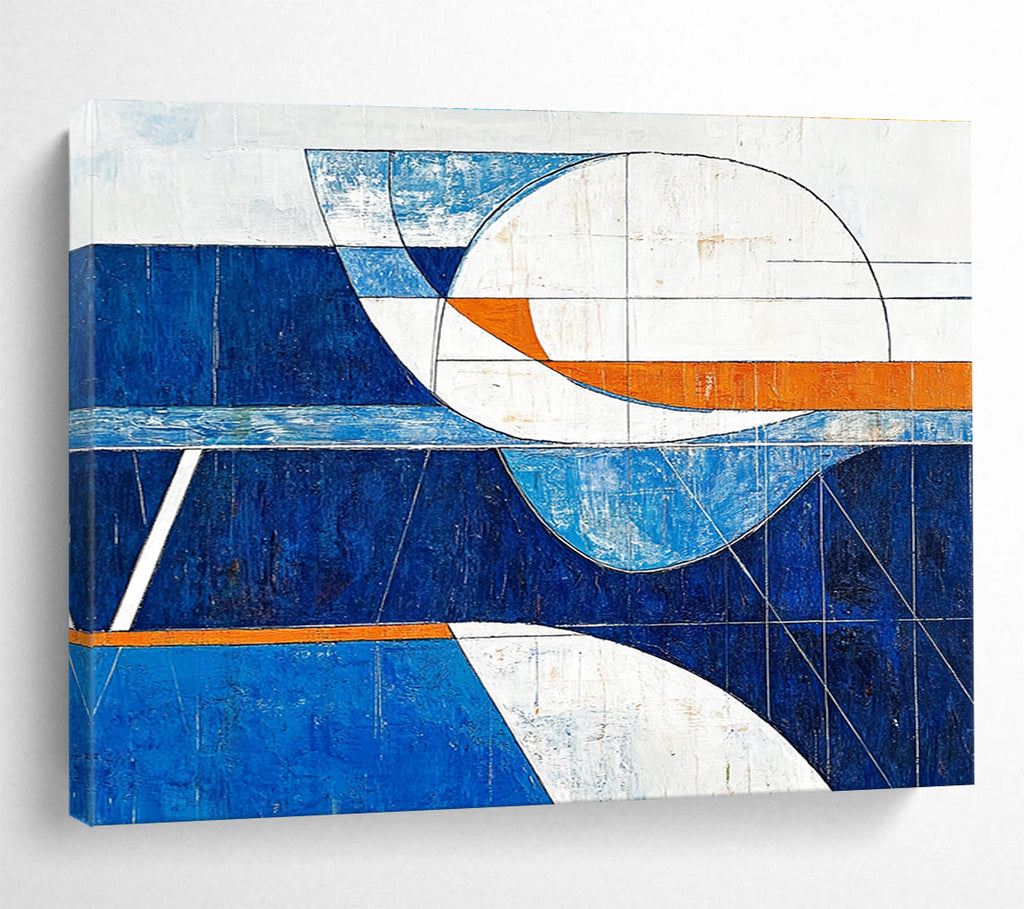 Geometric Blue Orange and White Abstract Painting with Clean Lines DYP190
