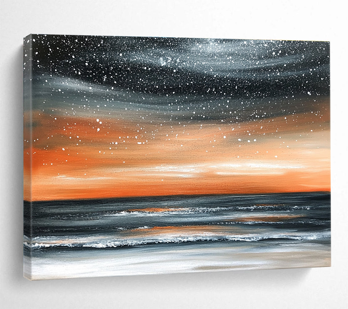 Large abstract painting of the ocean at night featuring an orange gray sky and starry snowfall over a muted water surface.SC130