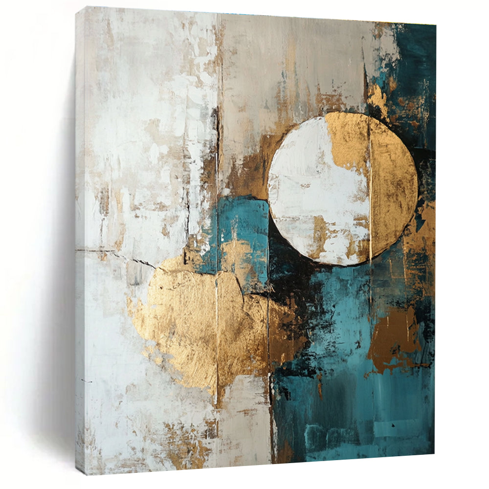 Large abstract painting featuring shapes and lines in white beige teal blue and brown with gold foil accents.STSC193