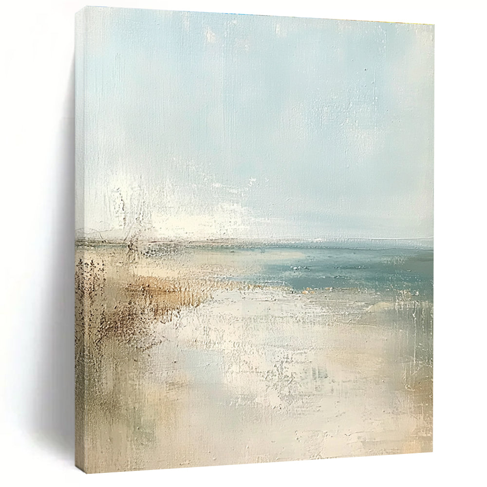 Large abstract painting of a beach in soft pastel colors featuring a light blue sky and neutral tones for a serene atmosphere.STSC158