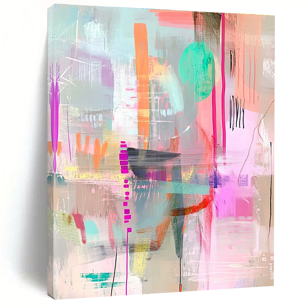 A large abstract painting with pastel colors and textures creating depth and motion featuring soft edges and whimsical patterns in pink green blue and brown.STSC1022