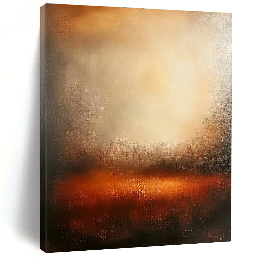 Large abstract painting featuring warm sunset colors with blurred edges and wide brush strokes evoking tranquility and emotional depth in a serene atmosphere.STSC111