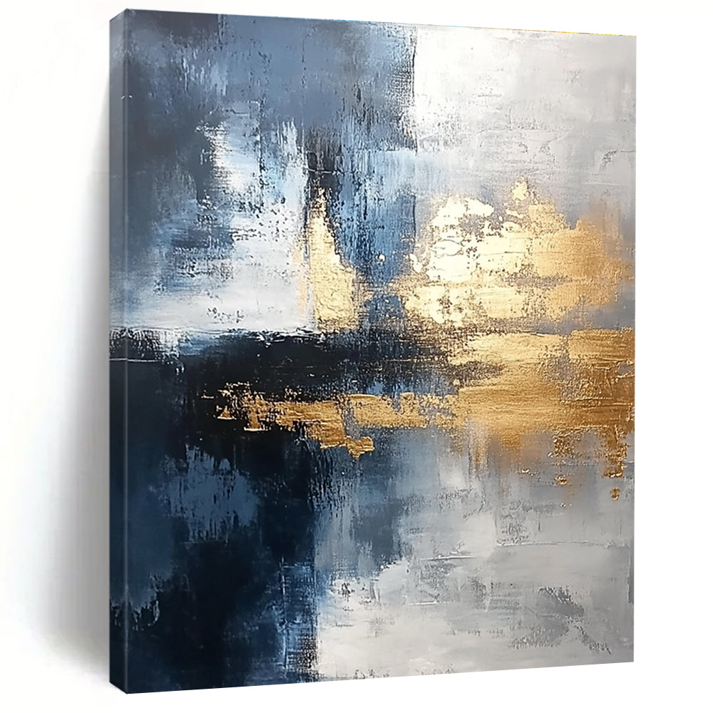 Large abstract painting blending silver and gold with gray blue tones and light brushstrokes featuring exquisite details and a unique composition for a calming atmosphere.STSC376
