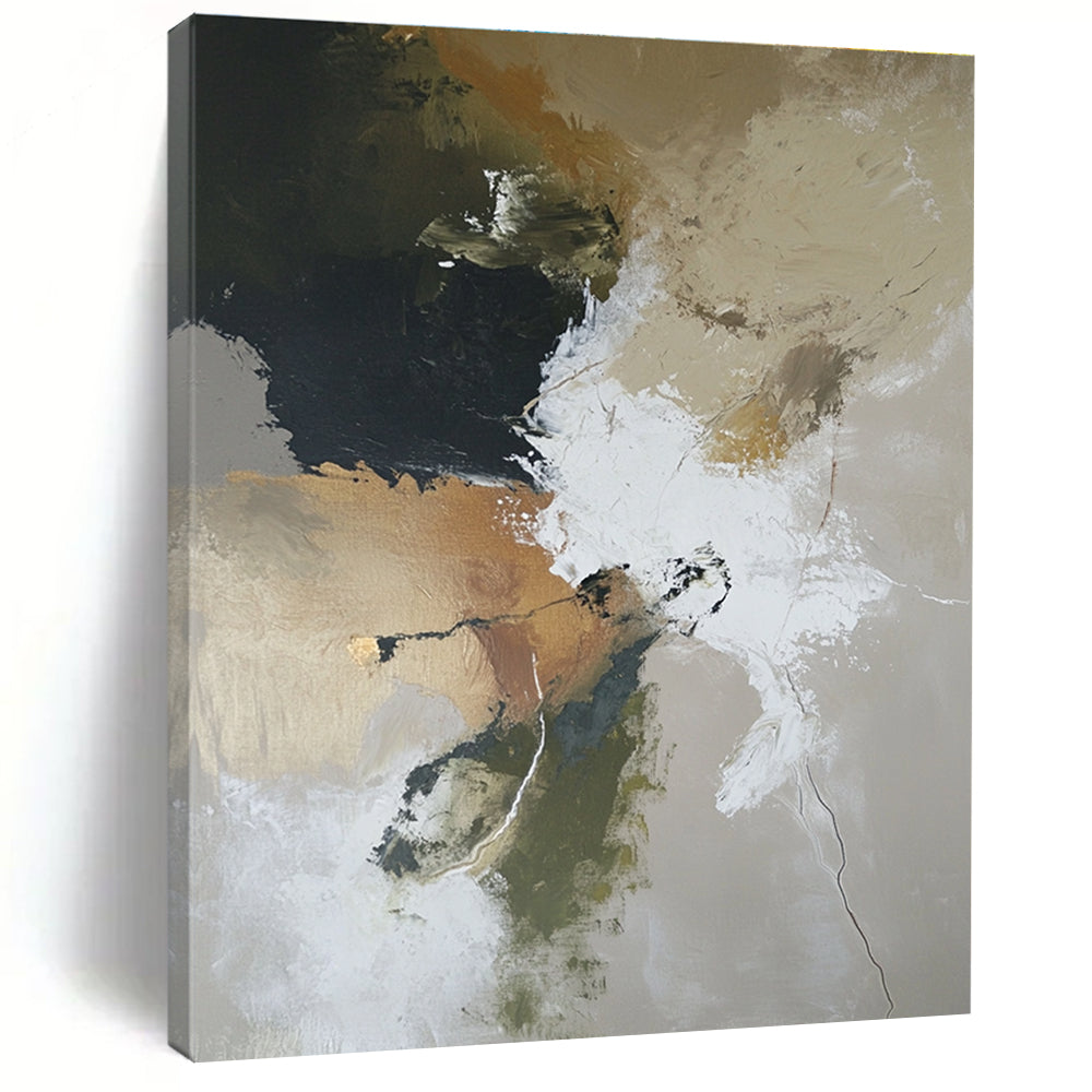 Large abstract painting depicting a desolate landscape with earthy tones and soft lighting in oil on canvas.STSC254