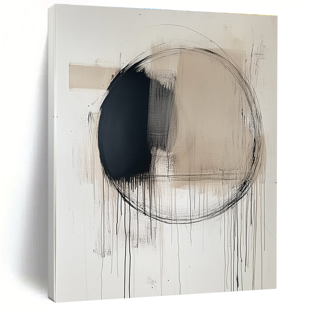 Large abstract painting featuring a central black circle with thin lines and ink drips in soft neutral tones on a white background.STSC253