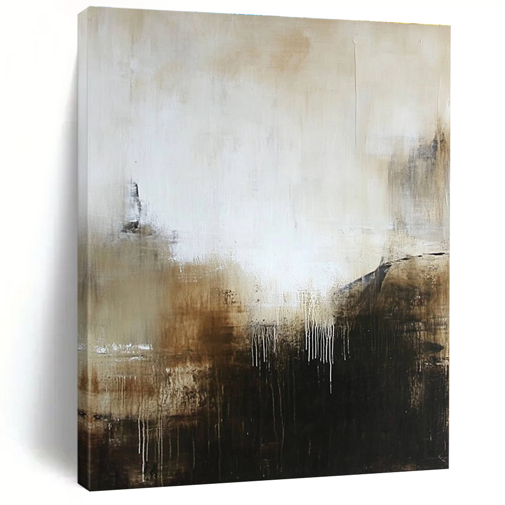 Large abstract painting in muted white and brown tones with black hints offering a mysterious and inviting atmosphere with textured layers.STSC618