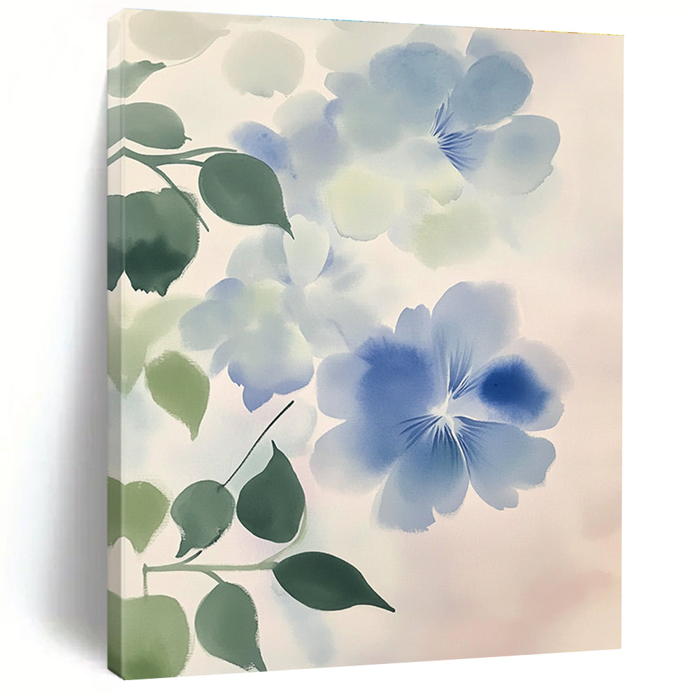 Large abstract watercolor painting of light blue and white flowers with green leaves against a soft gray gradient emphasizing fluidity and movement.STSC1050