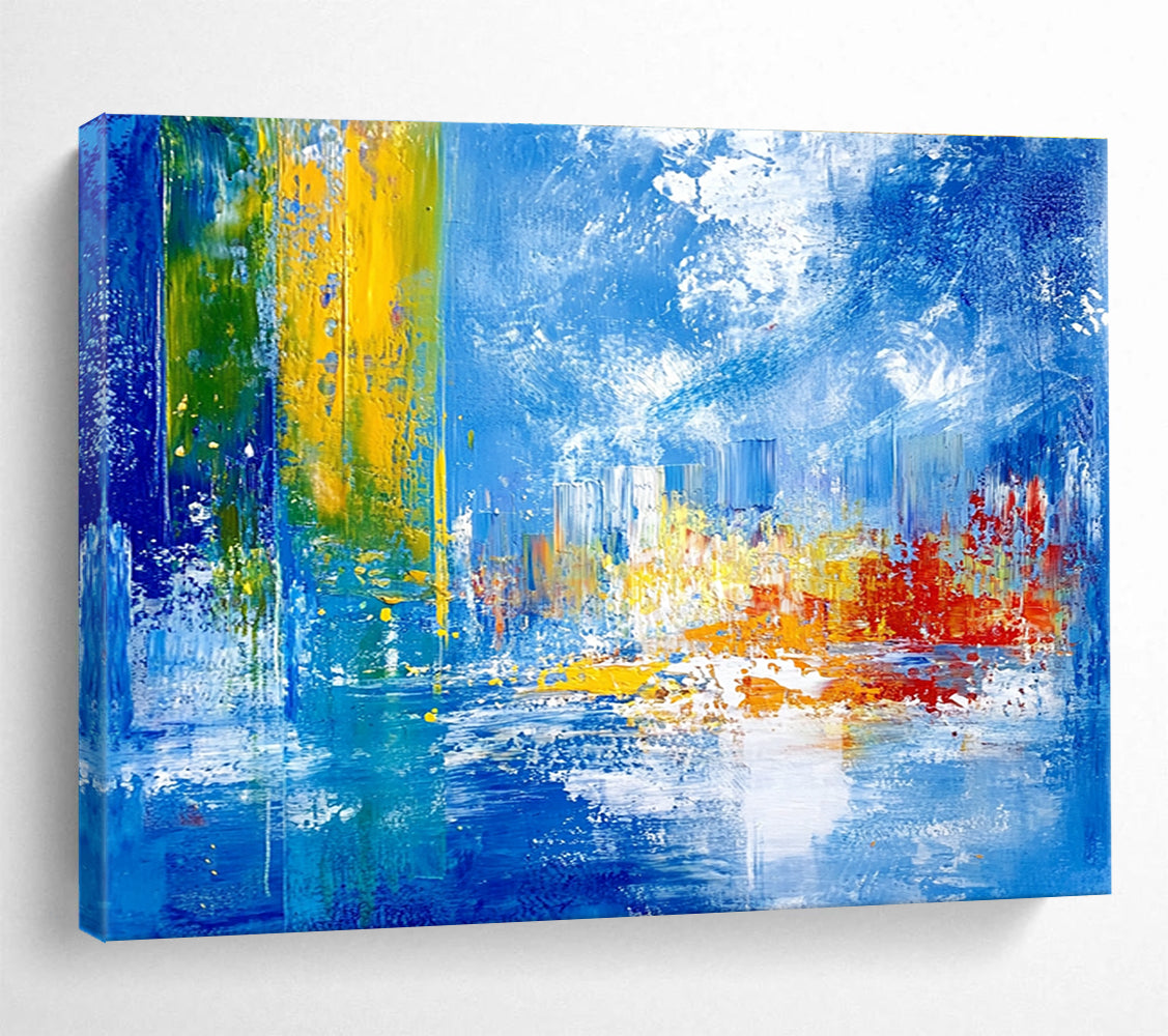 Bold abstract painting with vibrant teal yellow and red colors depicting an underwater city under sea ice against a blue sky and cloud backdrop.SC028