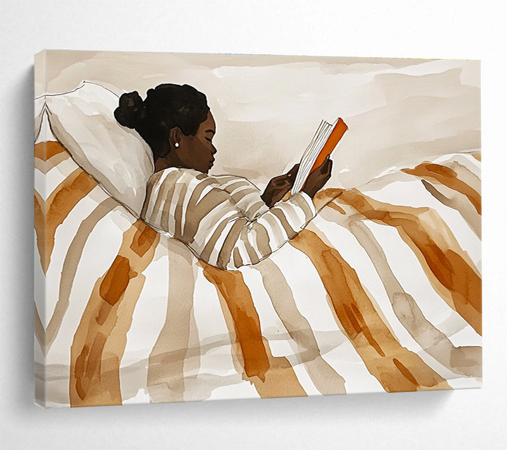 Woman Reading in Bed Watercolor Abstract Painting with Warm Neutrals DYP615