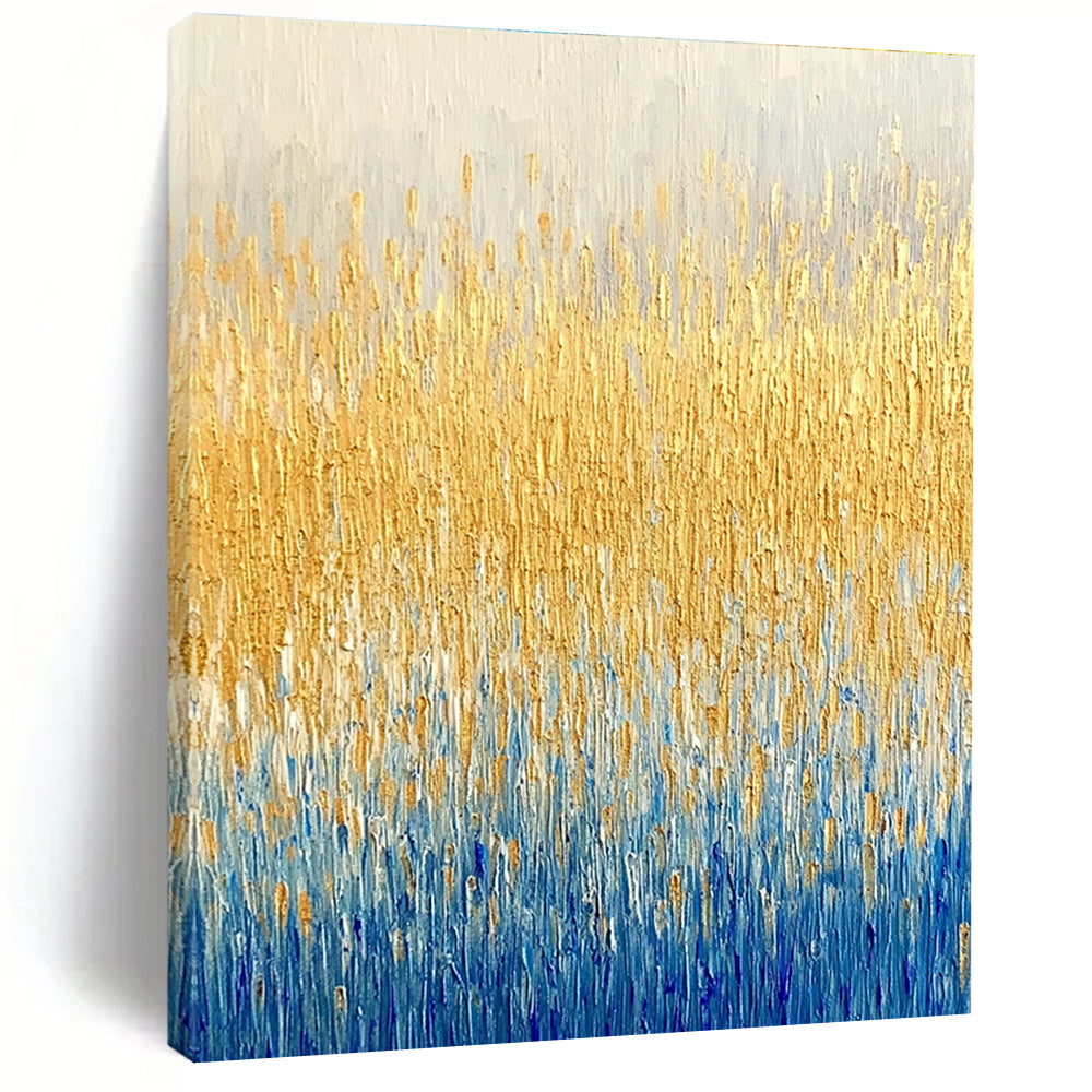 Large abstract painting of a textured wheat field in gold and blue hues showcasing fine art style and neutral tones.STSC291