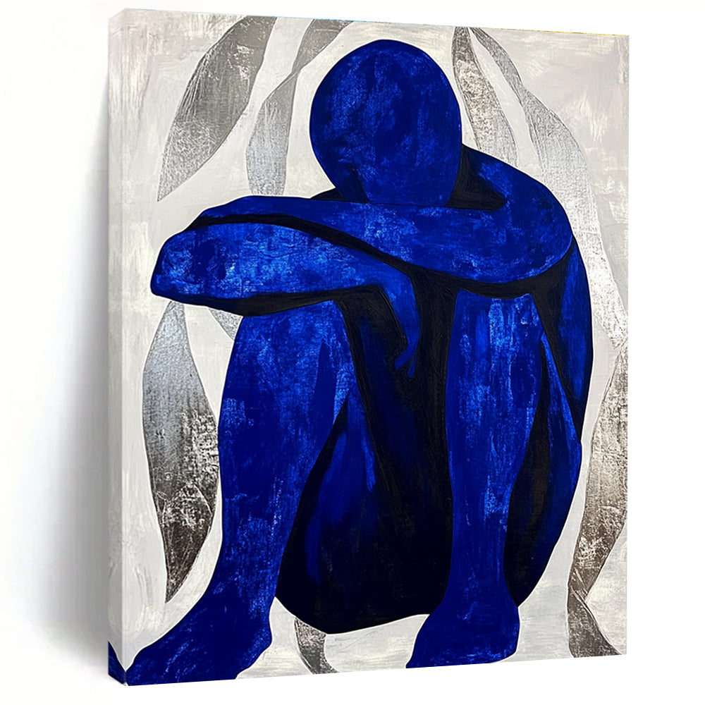 Large abstract painting featuring a contemplative blue figure amidst silver swirls, evoking tranquility and focus in a minimalist style.STSC922