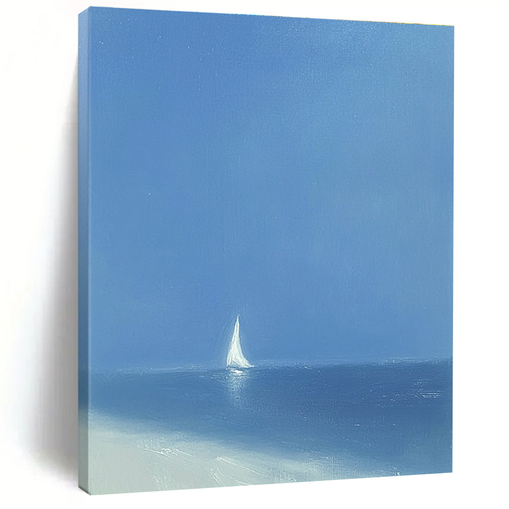 A large abstract painting featuring a minimalist white sailboat on the ocean under a blue sky with soft tones and wide brush strokes.STSC1062