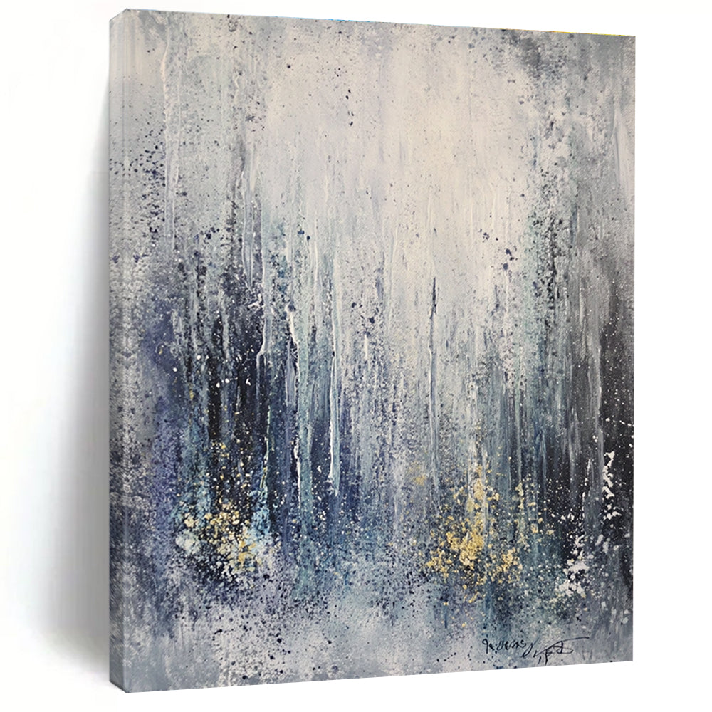 Large abstract painting capturing an ice storm featuring frozen waterfalls and icicles in gray tones with splashes of gold and blue.STSC607