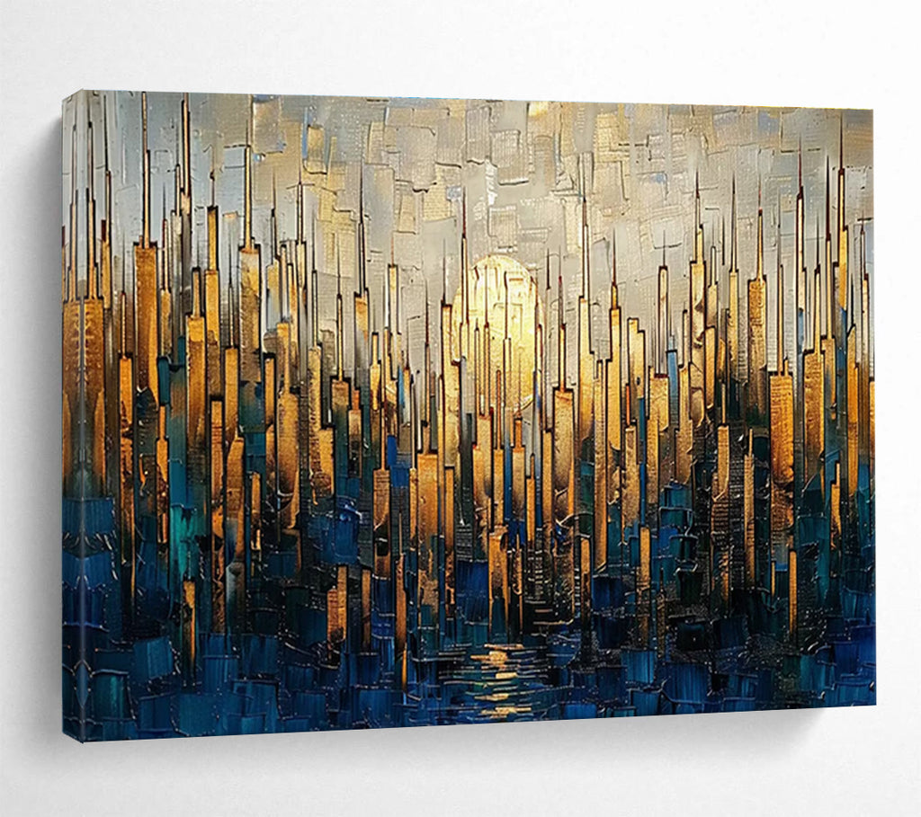 Golden City Skyline Abstract Painting with Gold, Blue, and Grey Tones THY172