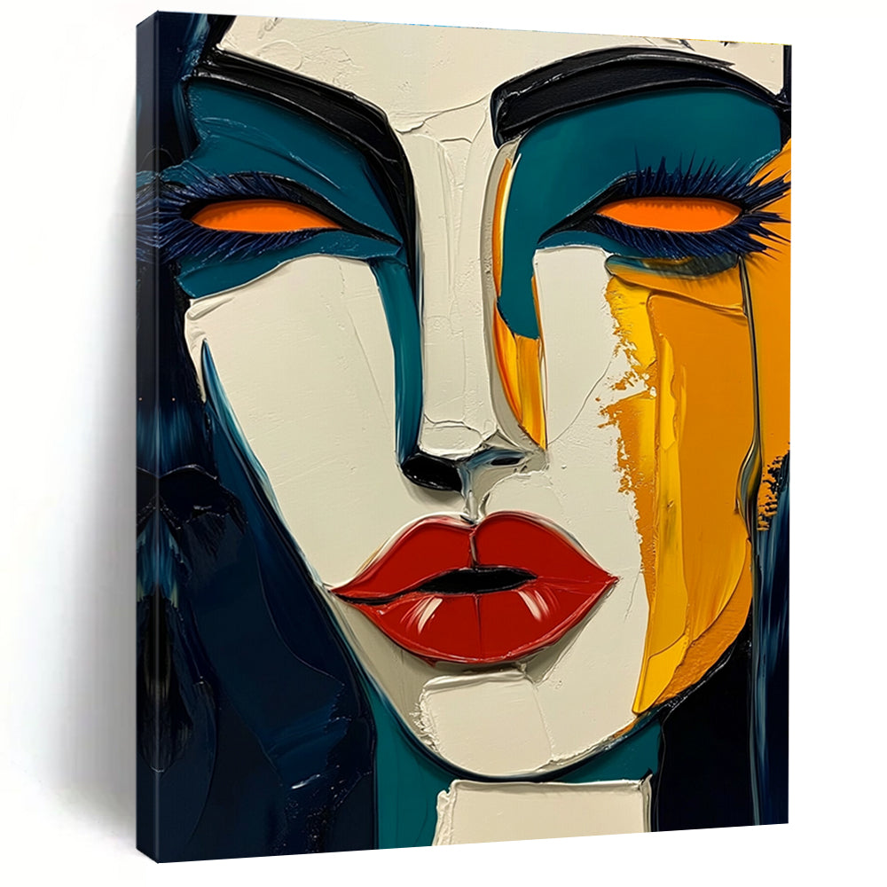 Large abstract painting in Picasso style featuring dark blue and yellow hues with bold red lips and green skin tone on a white background.STSC049