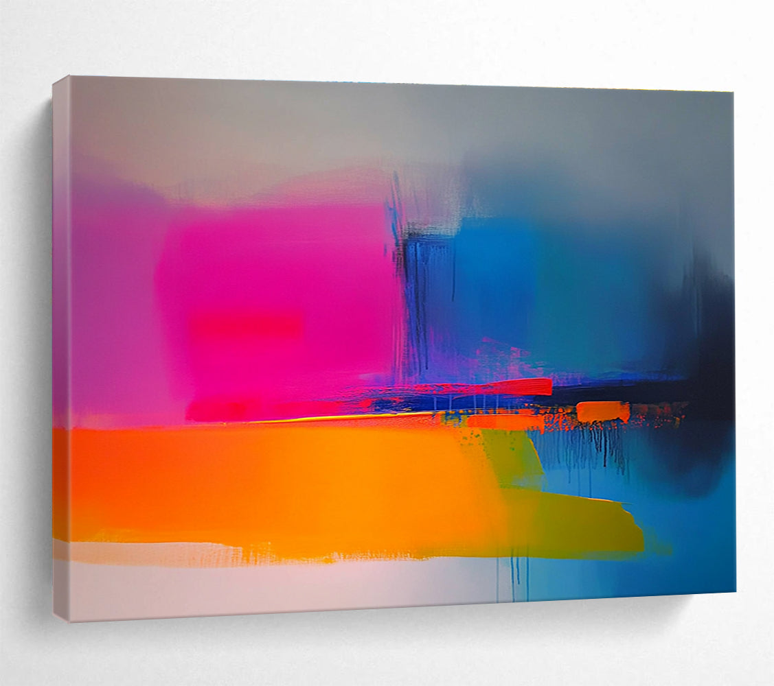 Large abstract painting in neon pink yellow blue orange and green featuring soft gradients smooth brush strokes and a minimalist landscape with blurry edges.SC149