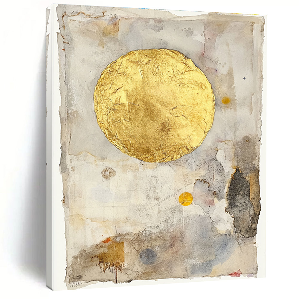 Abstract painting of a golden sun on vintage paper with gold leafing and soft pastel watercolor washes in a minimalist style.STSC286