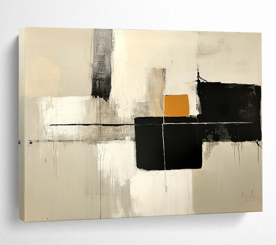 Large abstract painting featuring thick brush strokes in neutral colors with gray and black blocks and a small orange shape on a white background.SC503