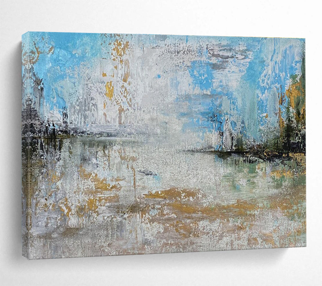 Lake View Abstract Painting with Blue Gray and Gold Reflections THY348