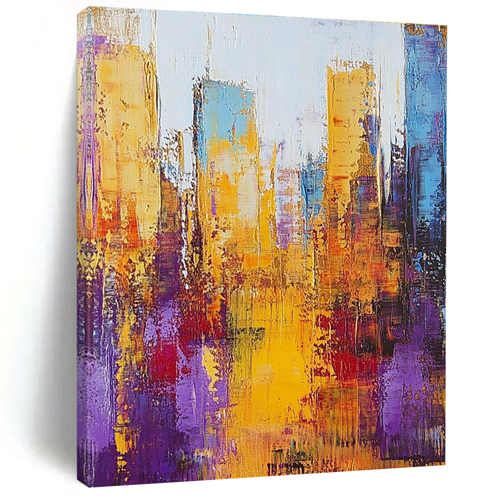 Large abstract painting of a cityscape with thick brush strokes in gold and purple on a textured canvas.STSC161