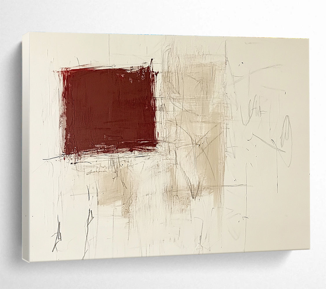 Red and Beige Textured Abstract Painting with Sketchy Lines DYP143