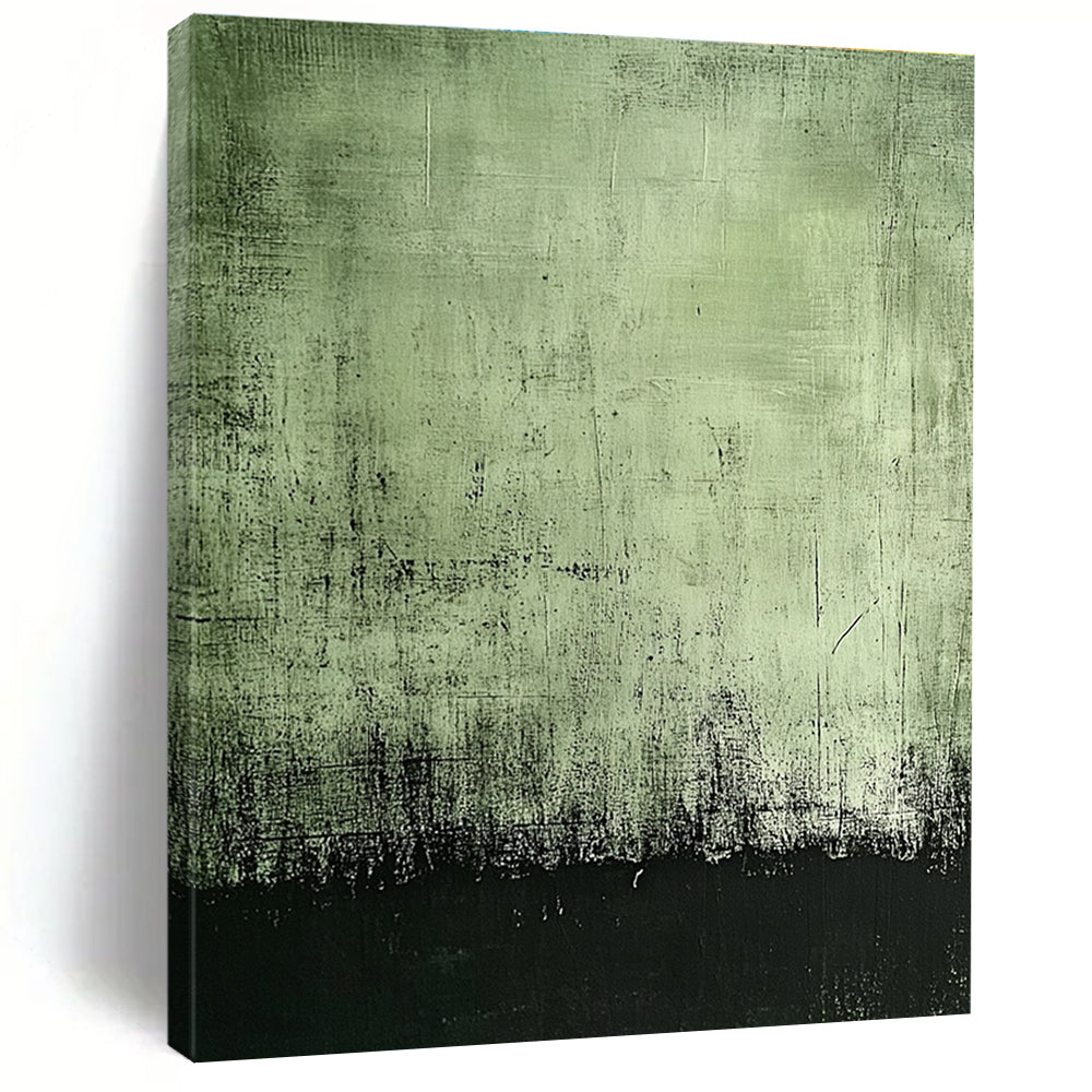 Large abstract painting featuring a dark green background with black edges and subtle gray textures for a mysterious aged effect.STSC398