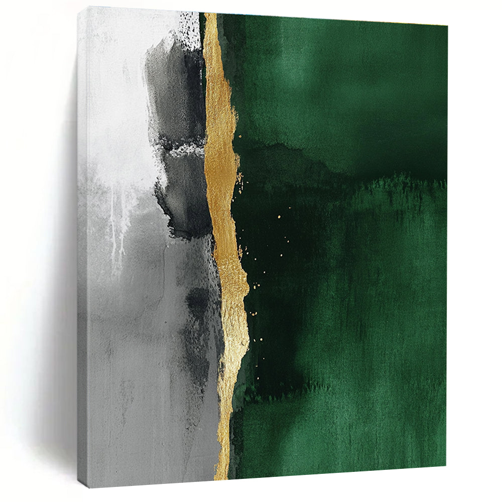 Abstract minimalist painting featuring a thin gold line against an emerald green and gray background emphasizing fluidity and elegant simplicity.STSC129