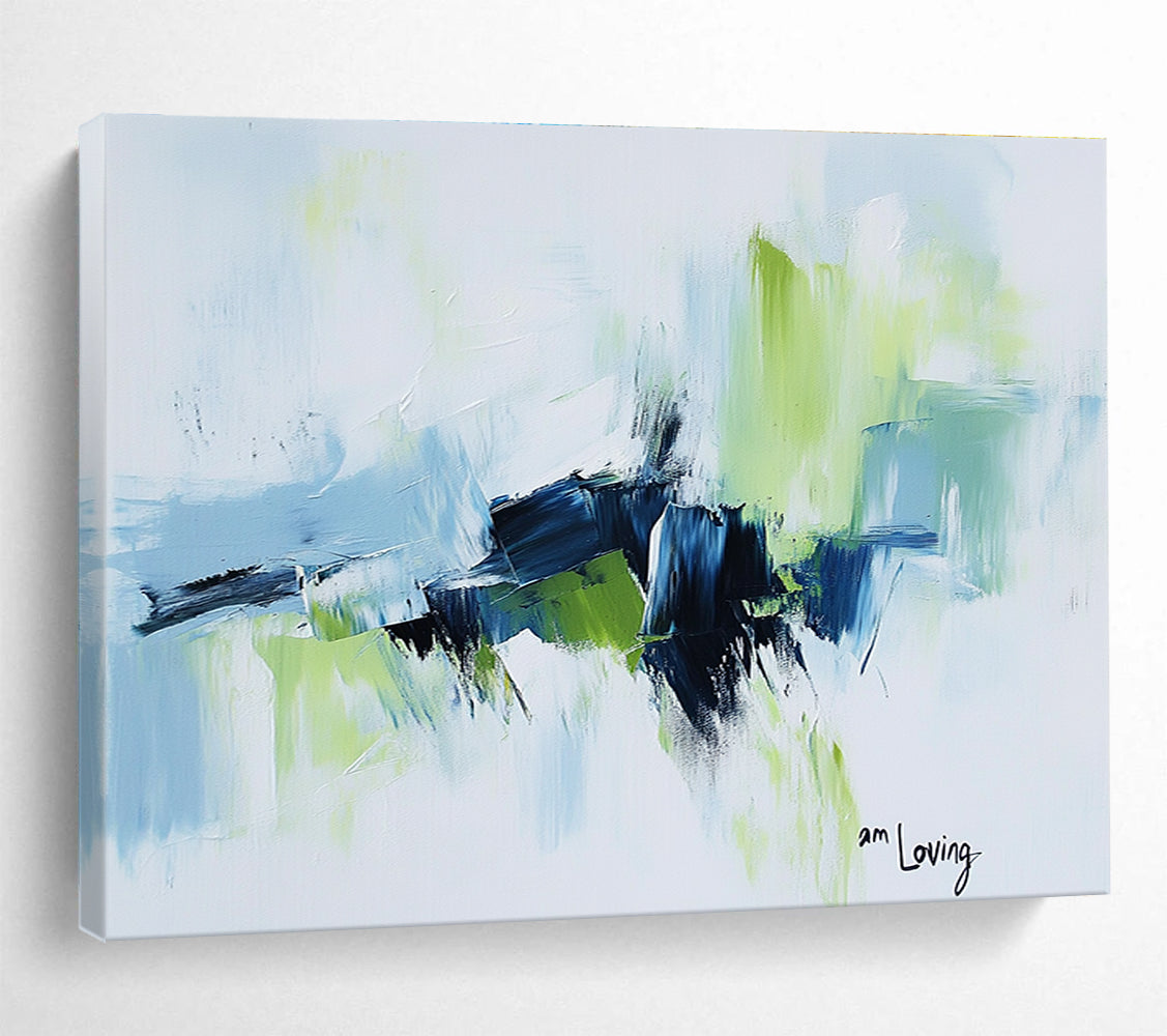 Abstract painting with a white background highlighted by light blue and green accents features expressive brush strokes and the words am loving.SC214