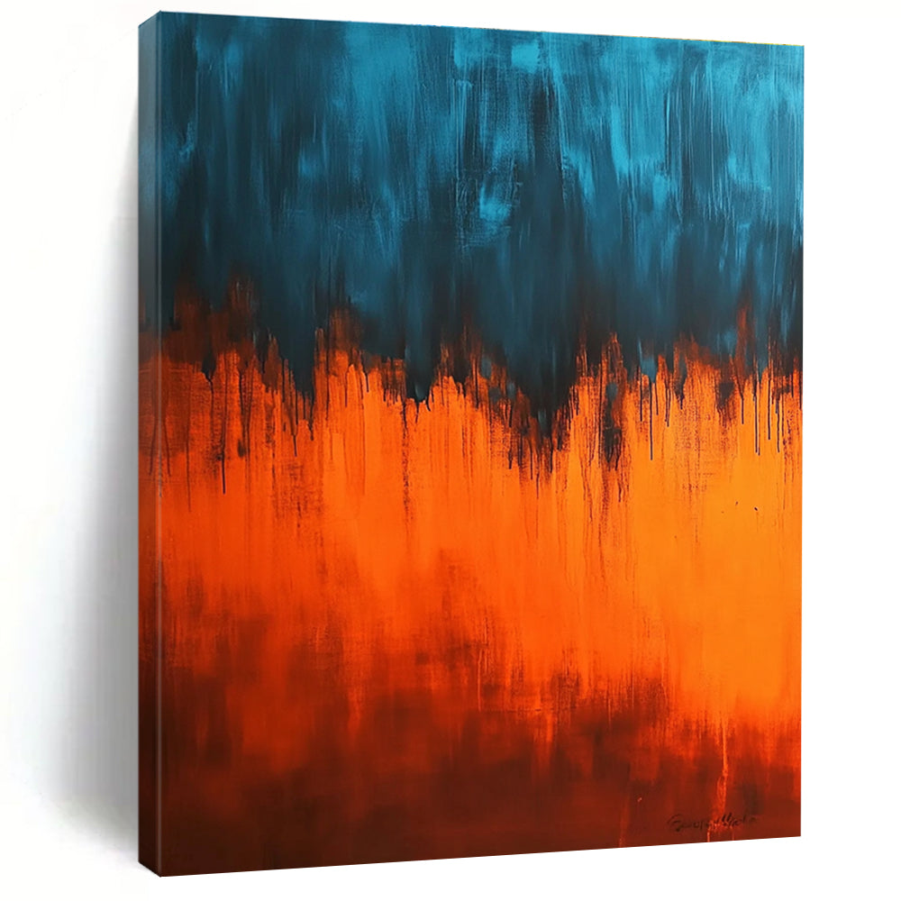 Large abstract painting featuring an orange and blue gradient background with strong light and dark contrasts creating a mysterious ethereal atmosphere.STSC385