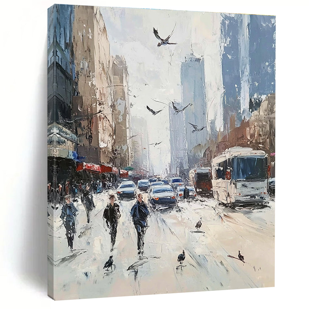 Vibrant abstract painting depicting a bustling city street with people cars and tall buildings in soft pastel colors and impressionist style.STSC930