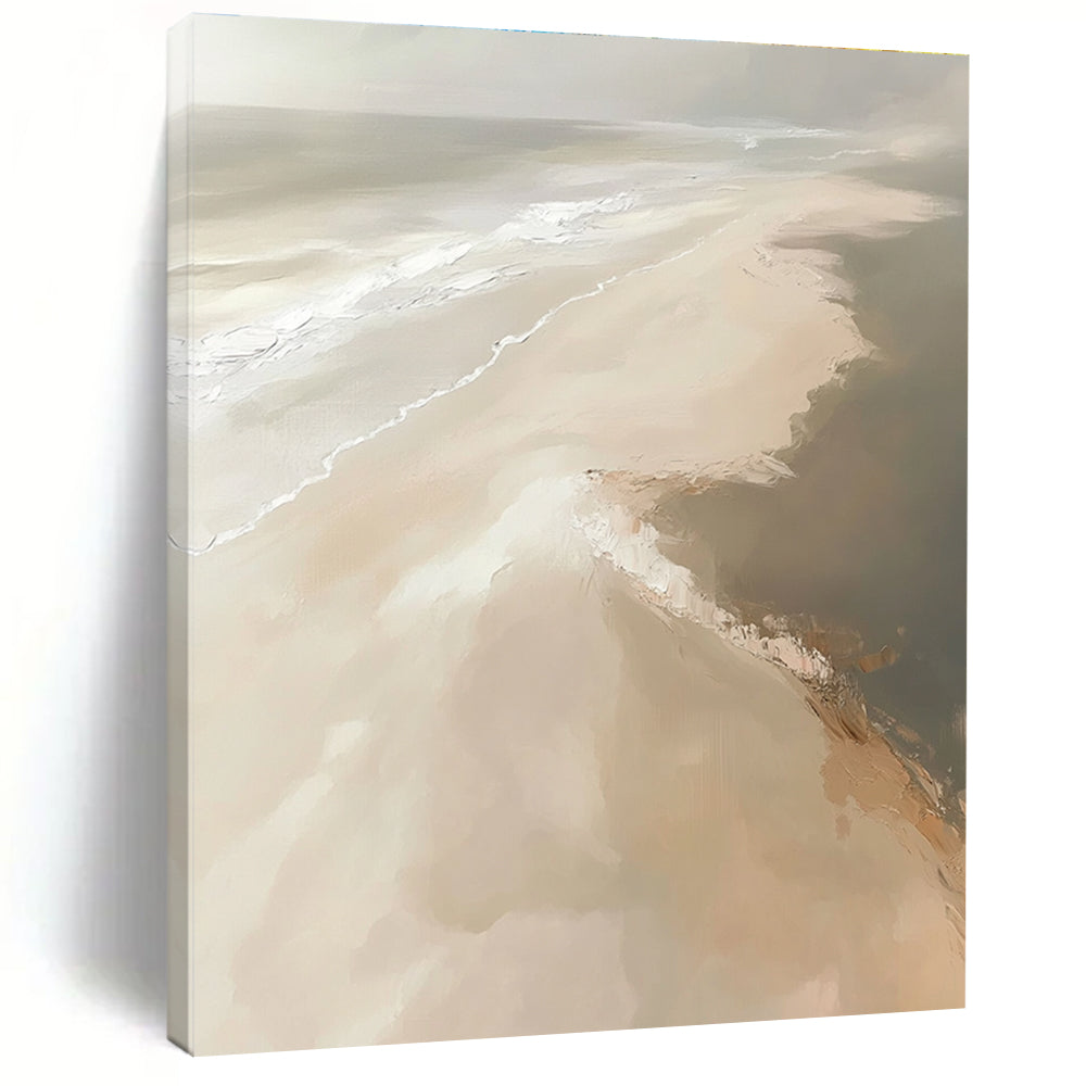 Large abstract painting depicting a sandy beach with soft tones and expressive brush strokes in a neutral color palette.STSC528