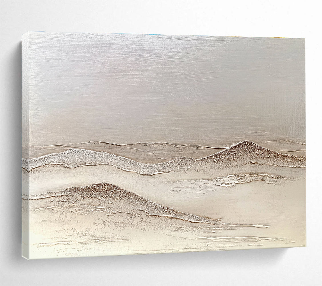 Large abstract painting depicting textured sand dunes in neutral tones with artistic desert hills creating depth and a calming atmosphere.SC622
