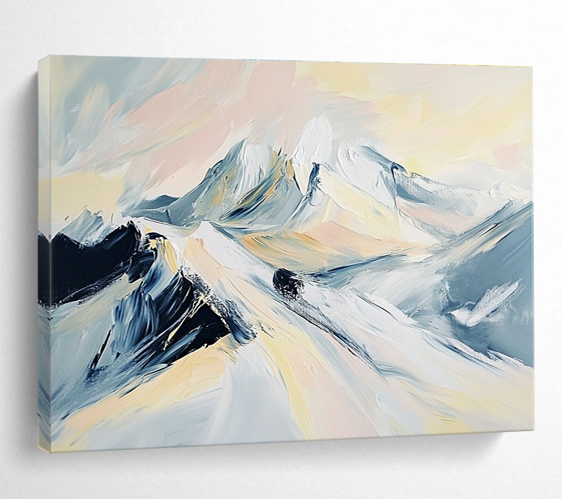 Large abstract painting of snowy mountains featuring soft hues of light gray pale pink beige and black.SC199
