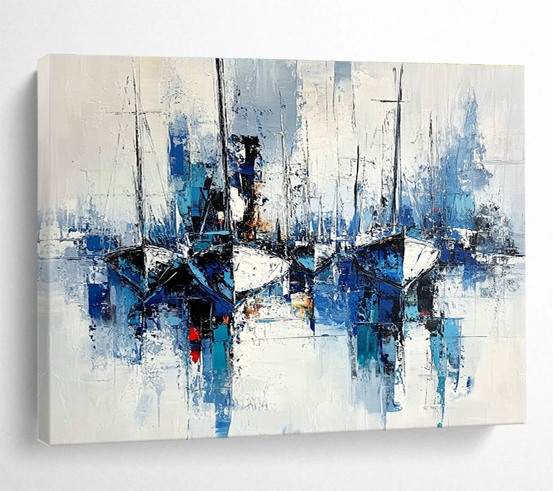 Abstract Boats Blue and White Impressionistic Painting with Textured Brushstrokes DYP191