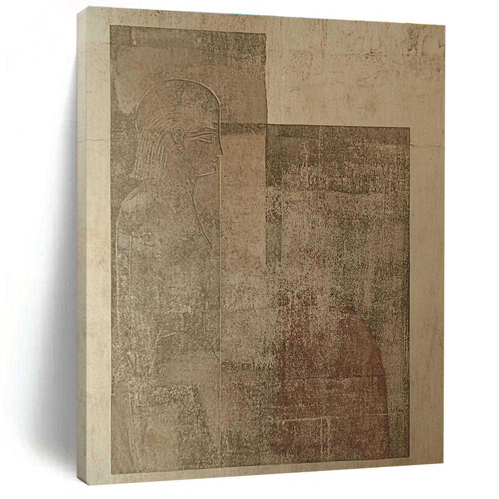Large abstract artwork featuring ancient tablet carvings depicting two human figures against beige walls, showcasing unique artistic expression and historical intrigue.STSC1156