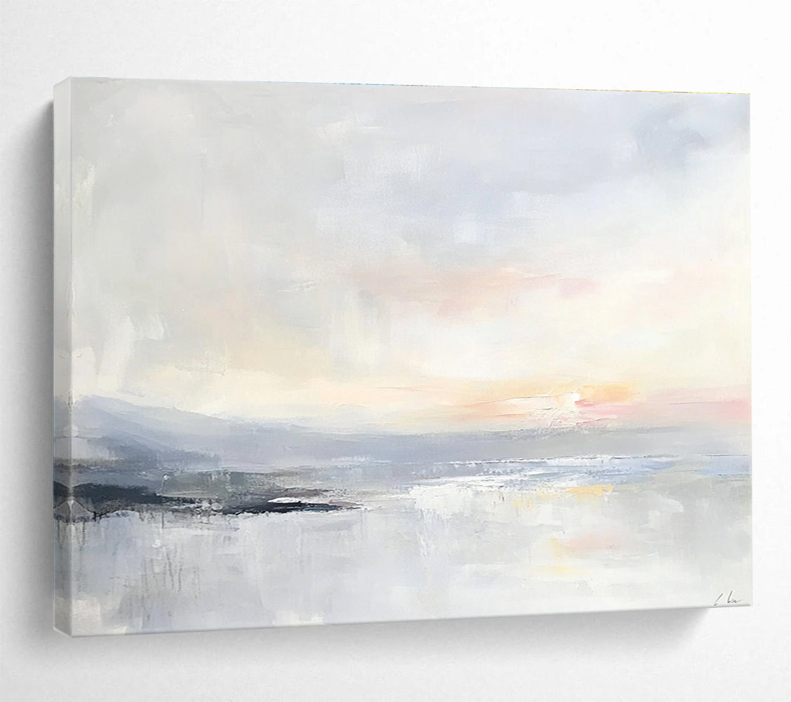 Large abstract painting of a serene ocean landscape in soft pastels with visible brush strokes and a tranquil sunrise over calm waters.SC161