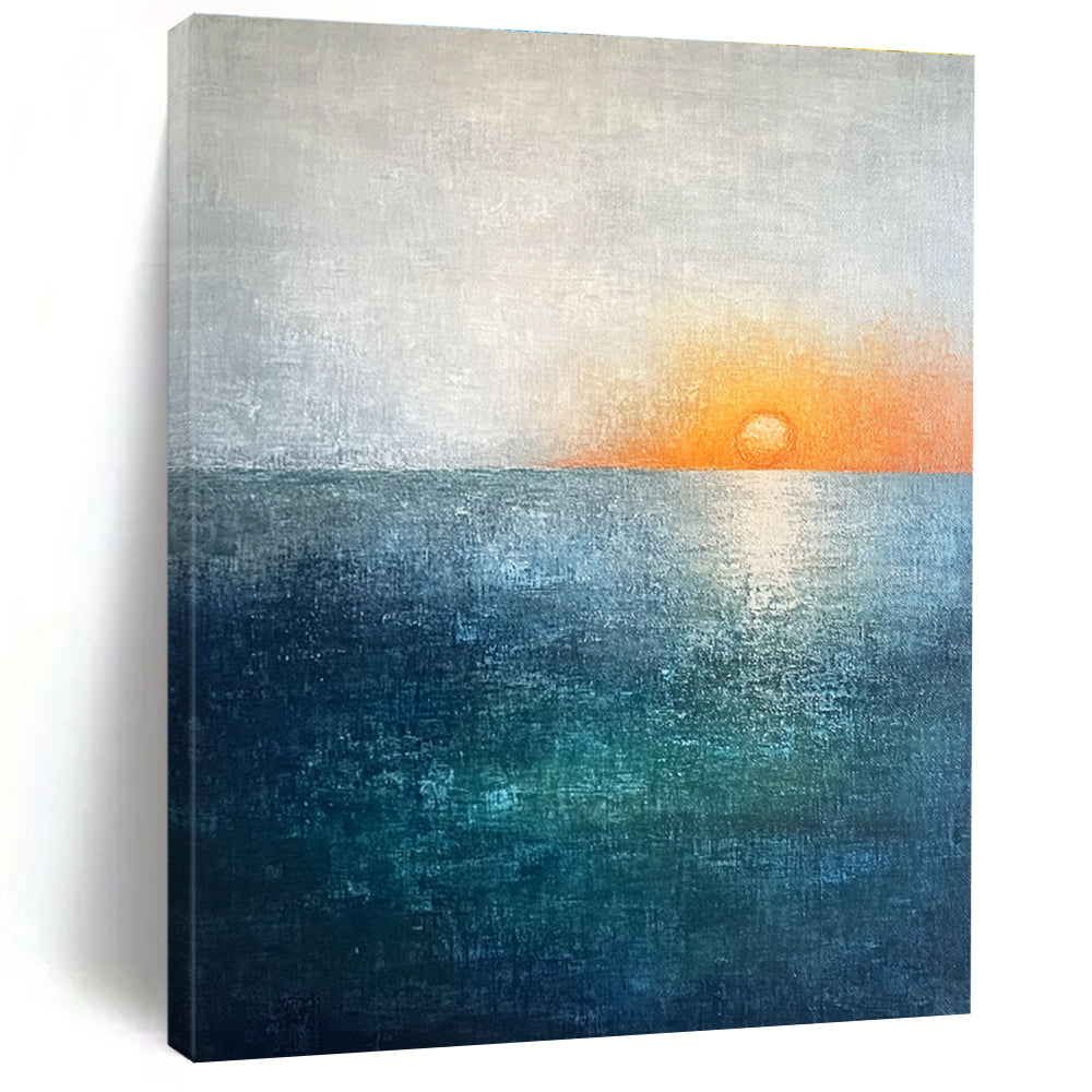 Large abstract painting featuring a soft sky blue and teal gradient with a grey expanse and a small orange sun setting on the horizon.STSC094